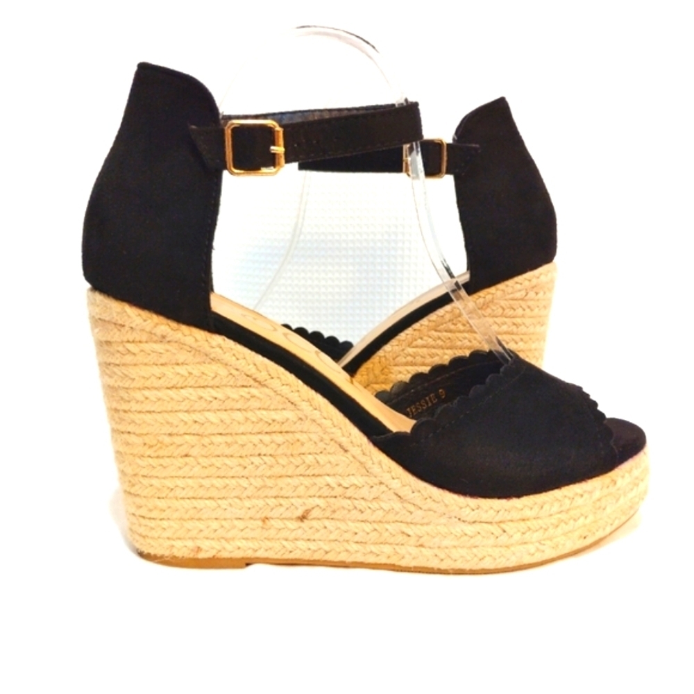 CCOCCI Jessie Espadrilles Wedge Sandal Black Suede w/ Ankle Buckle Strap - Picture 6 of 14